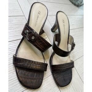 Anne‎ Klein Brown Embossed 3" Heel Leather Slide Women 8.5 M Sandal Shoes Boho